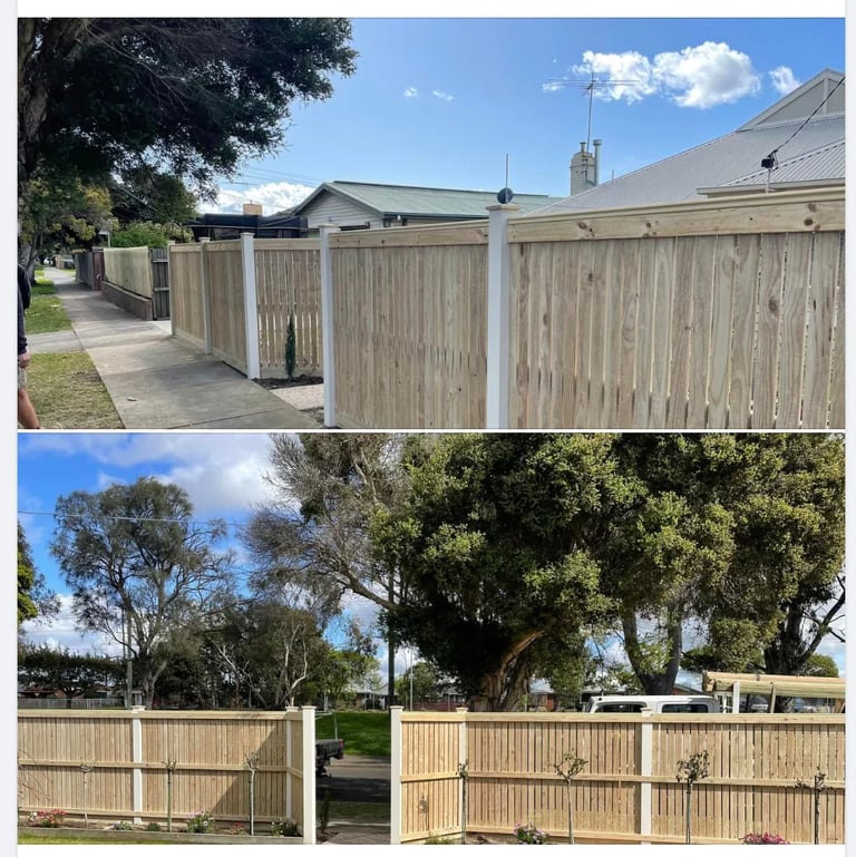 Composite image showing wooden and white vinyl fencing installations around residential properties with trees and blue sky.