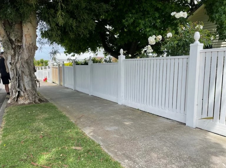 White vinyl fence with open gate in front of green lawn and large tree on a residential property